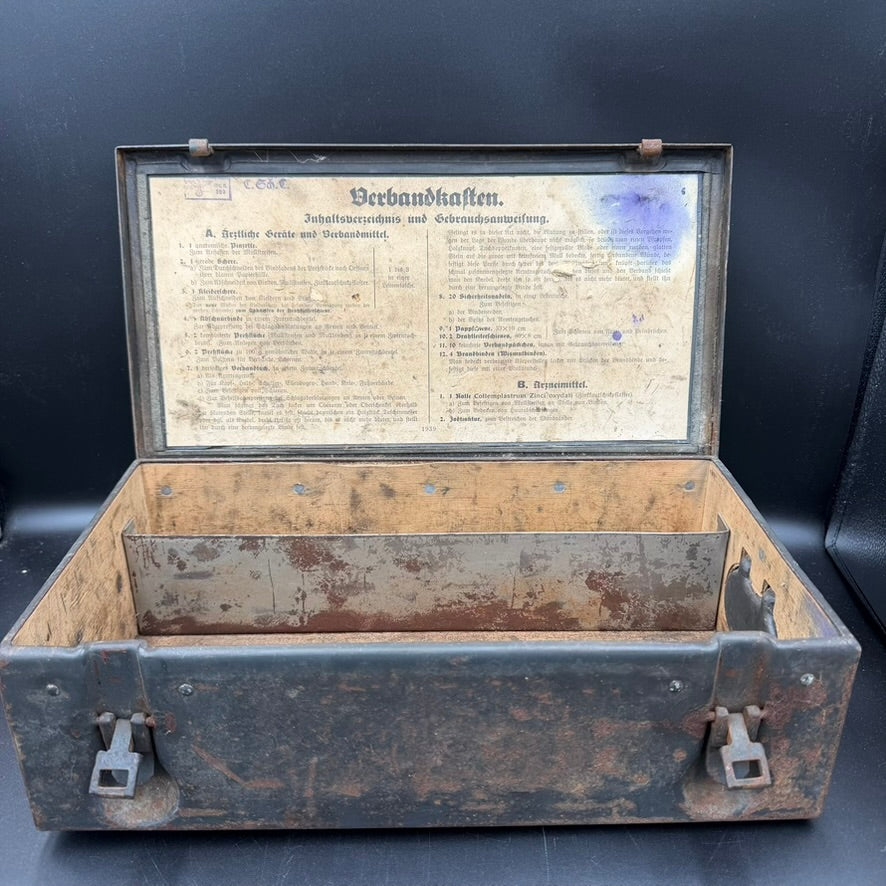 Interior of WWII German Verbandkasten showing original 1939 contents list