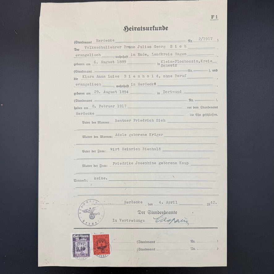 Original Heiratsurkunde marriage certificate issued to Bruno Sich