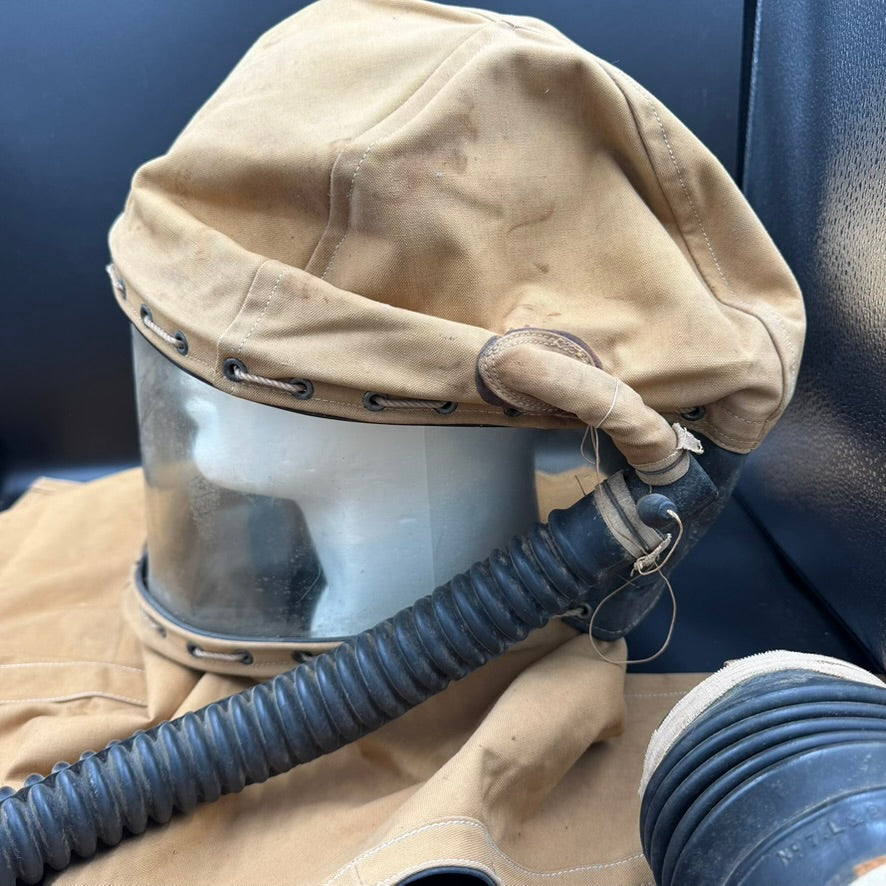 Side view of WWII British Hospital Respirator gas mask showing hose connection and protective hood