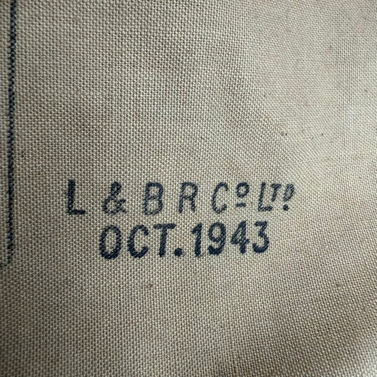 Close-up of British Hospital Respirator canvas showing L & B R Co Ltd marking and October 1943 date