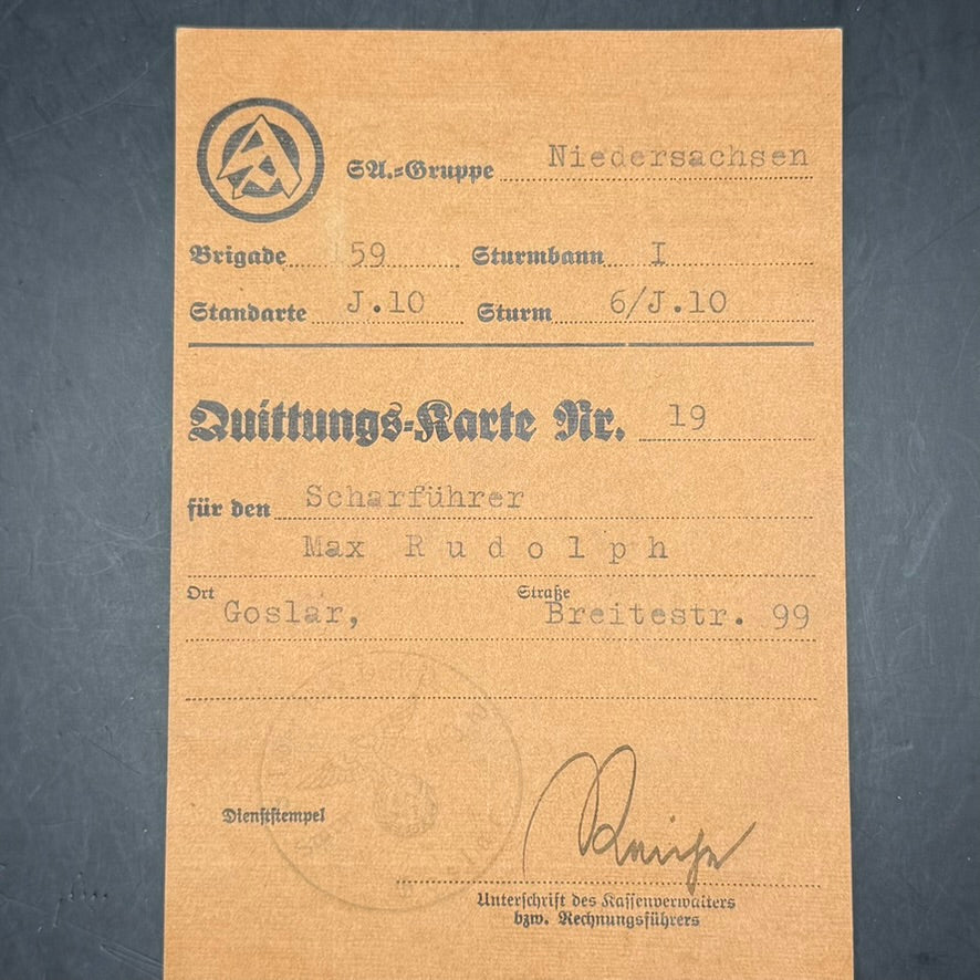 WWII German SA Quittungs-Karte issued to Scharführer Max Rudolph, Sturmabteilung document