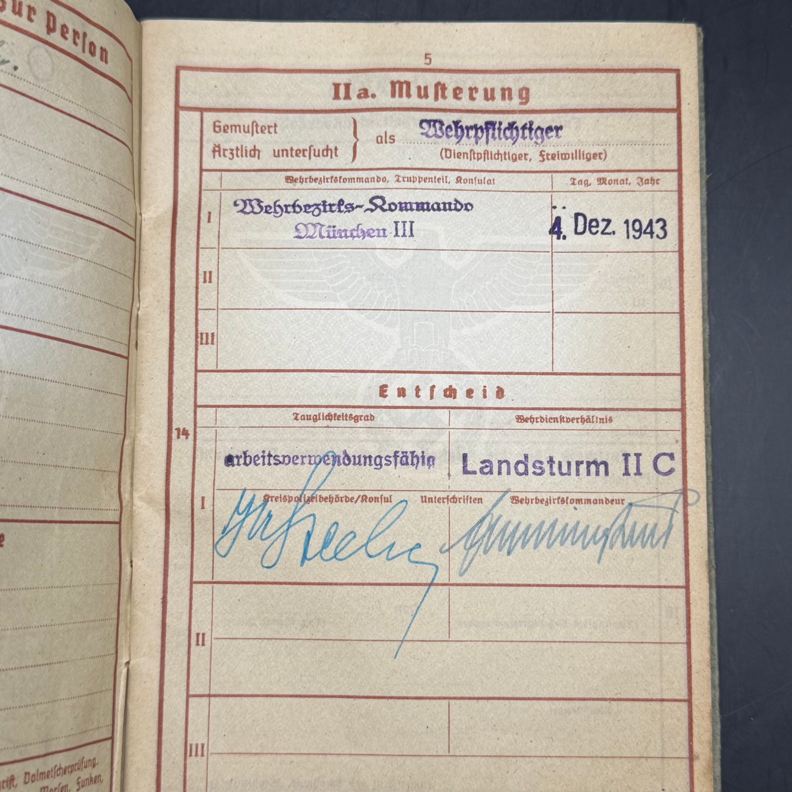 Musterung page – Wehrbezirks-Kommando München III, December 1943