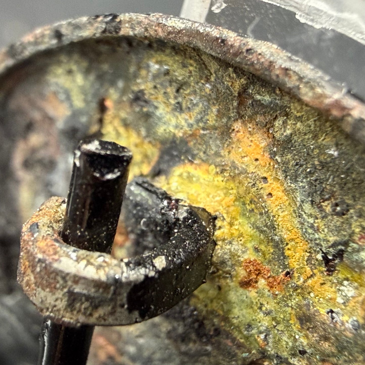 Detail of blunt iron pin and flatwire catch