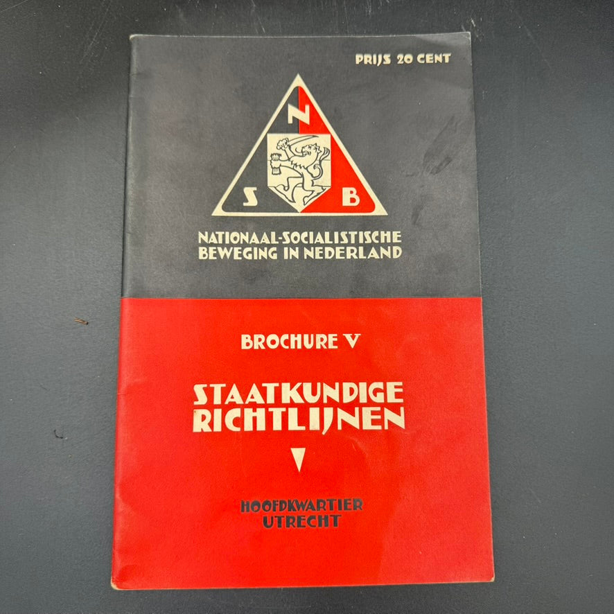 WW2 original artifact – Original NSB Booklet – “Staatkundige Richtlijnen” (Brochure V) – Utrecht Headquarters – Rare Dutch WWII Publication – AxisArtifacts