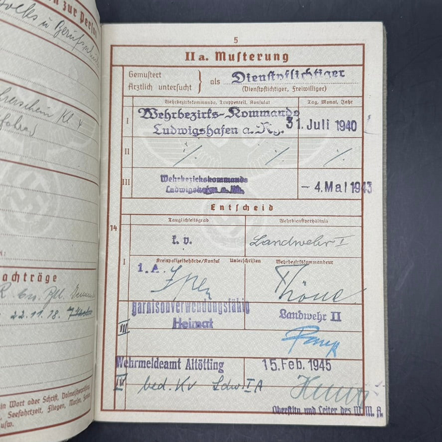 Wehrpass musterung page Friedrich Heck Landwehr classification July 1940