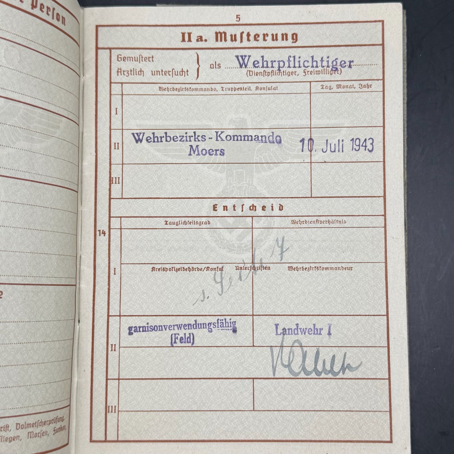 Musterung and classification page – Wehrbezirks-Kommando Moers
