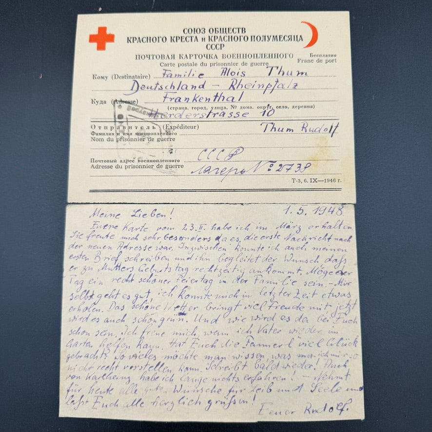 Red Cross prisoner of war postcard sent from the Soviet Union to Rudolf Thum