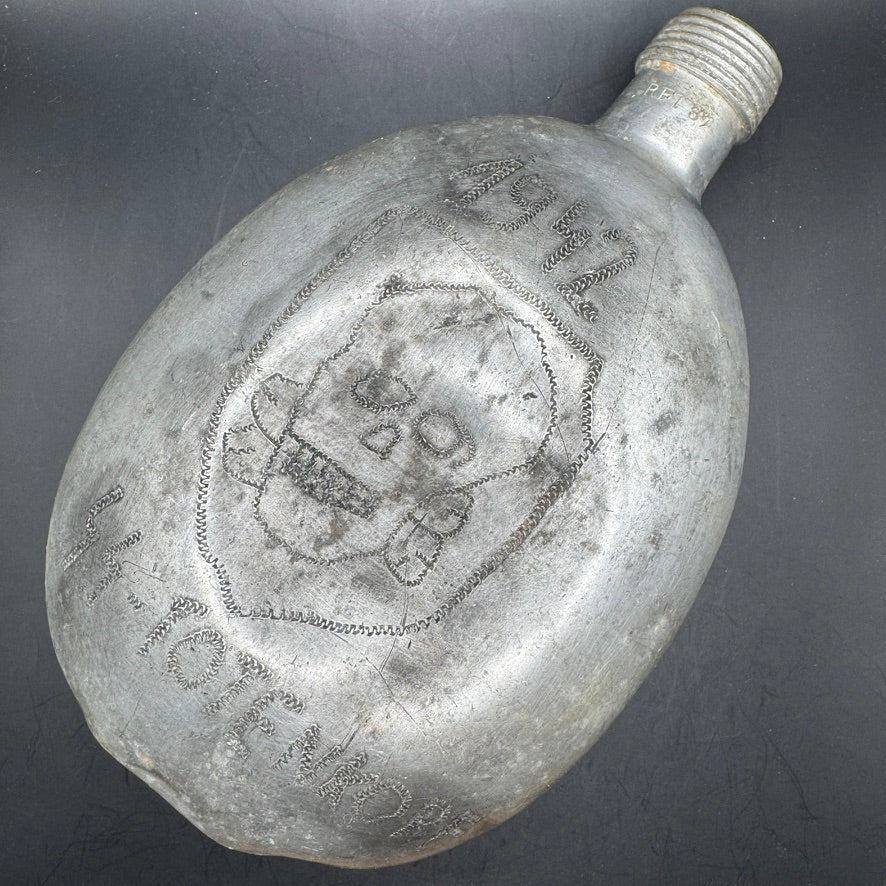 WWII German SS Totenkopf aluminum canteen with original trench art engraving, maker marked RFI 1937