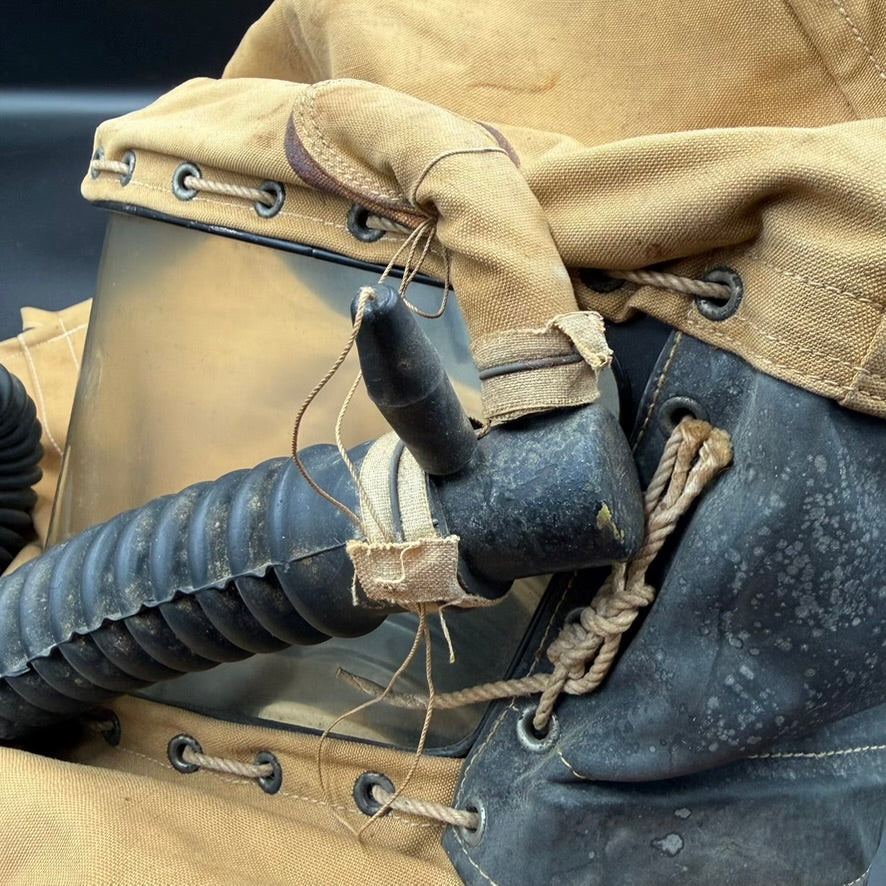 Detailed view of respirator hose connection on British Hospital Respirator gas mask, dated 1943
