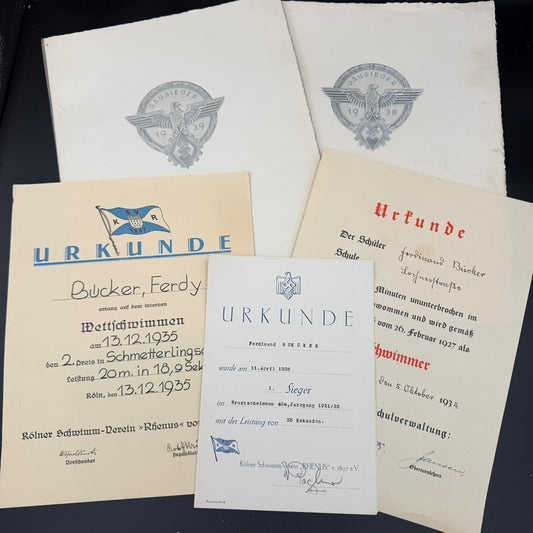 Group overview of original German sports certificates issued to Ferdinand Bücker between 1934 and 1939