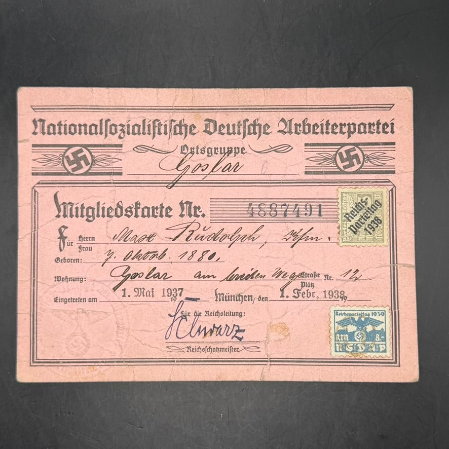 WWII German NSDAP membership card issued to Max Rudolph of Goslar, original Third Reich political document