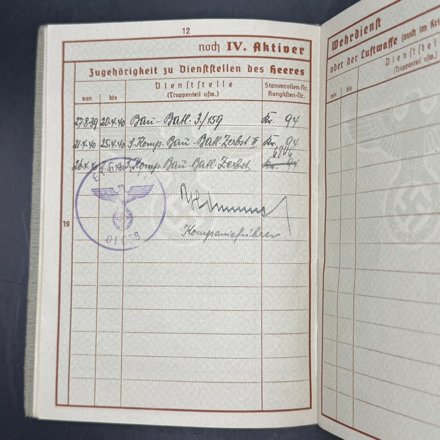 Wehrpass service entries Bau-Bataillon 159 Friedrich Heck WWII