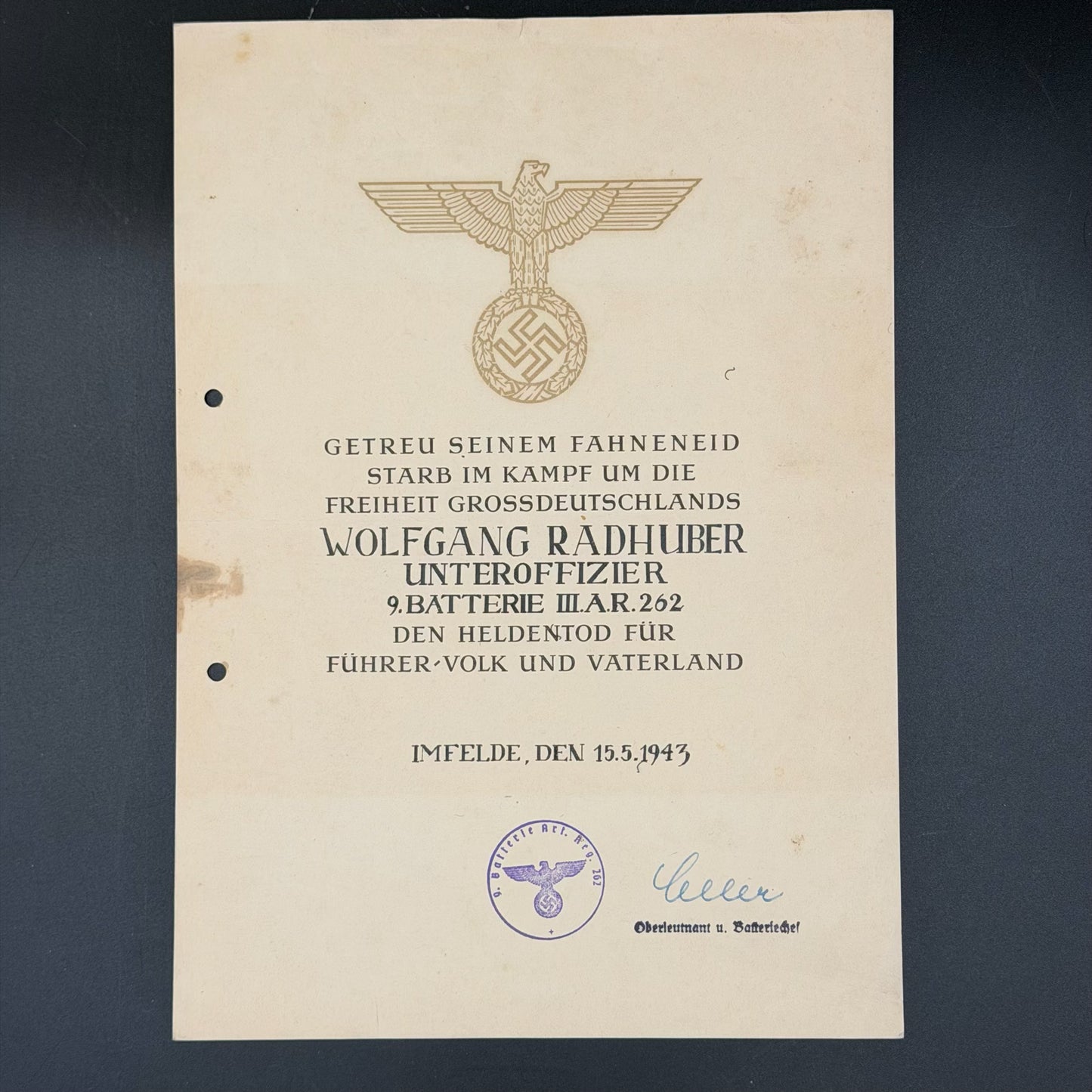 Original WWII German death certificate for Unteroffizier Wolfgang Radhuber, Artillerie-Regiment 262, dated 1943