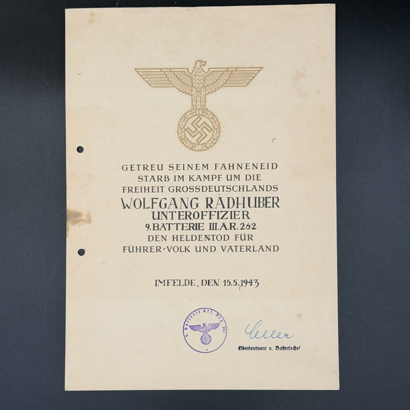 Original WWII German death certificate for Unteroffizier Wolfgang Radhuber, Artillerie-Regiment 262, dated 1943
