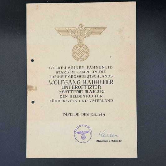Original WWII German death certificate for Unteroffizier Wolfgang Radhuber, Artillerie-Regiment 262, dated 1943