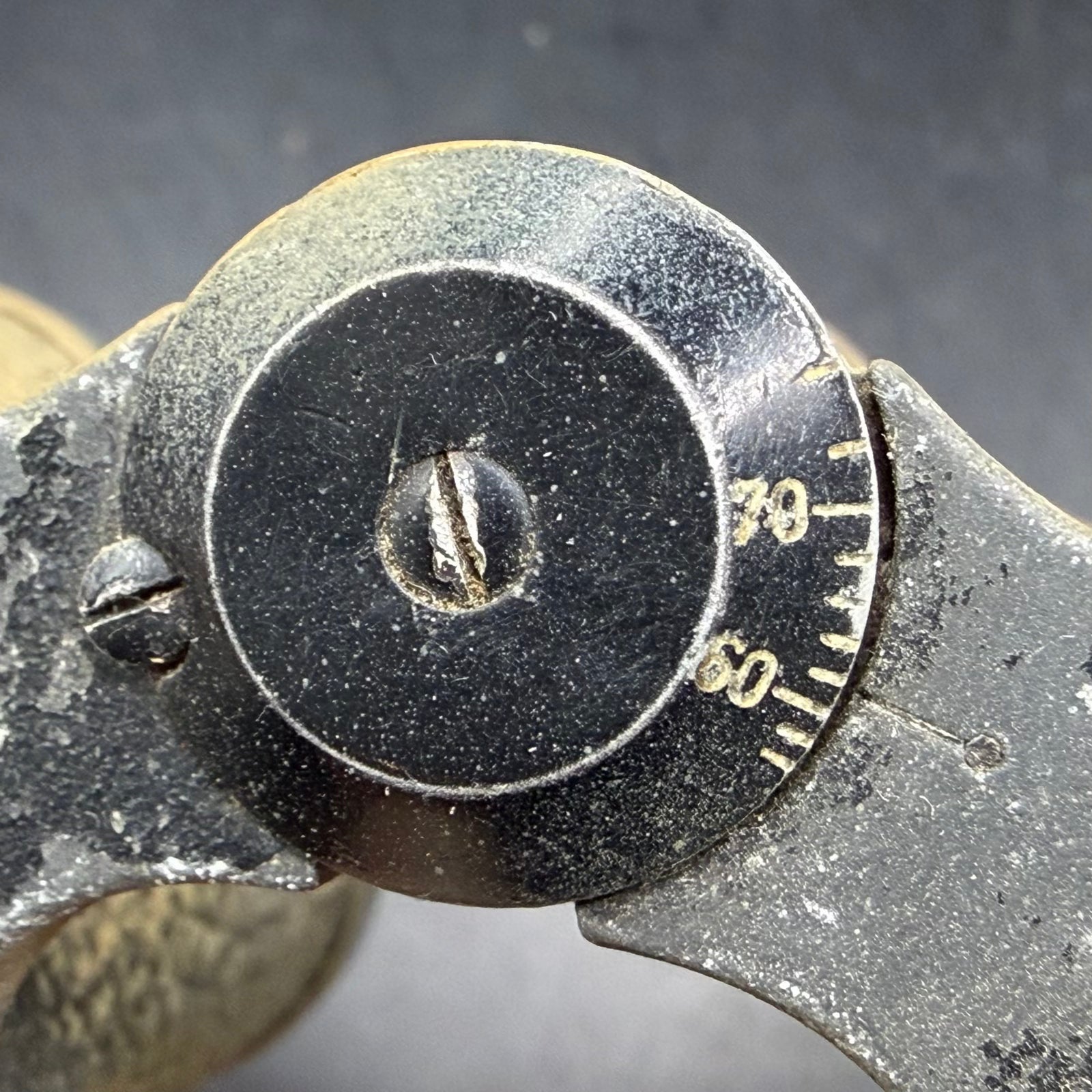 Central focusing wheel of WWII German Dienstglas 6×30 binoculars, showing original mechanical components and military adjustment scale.