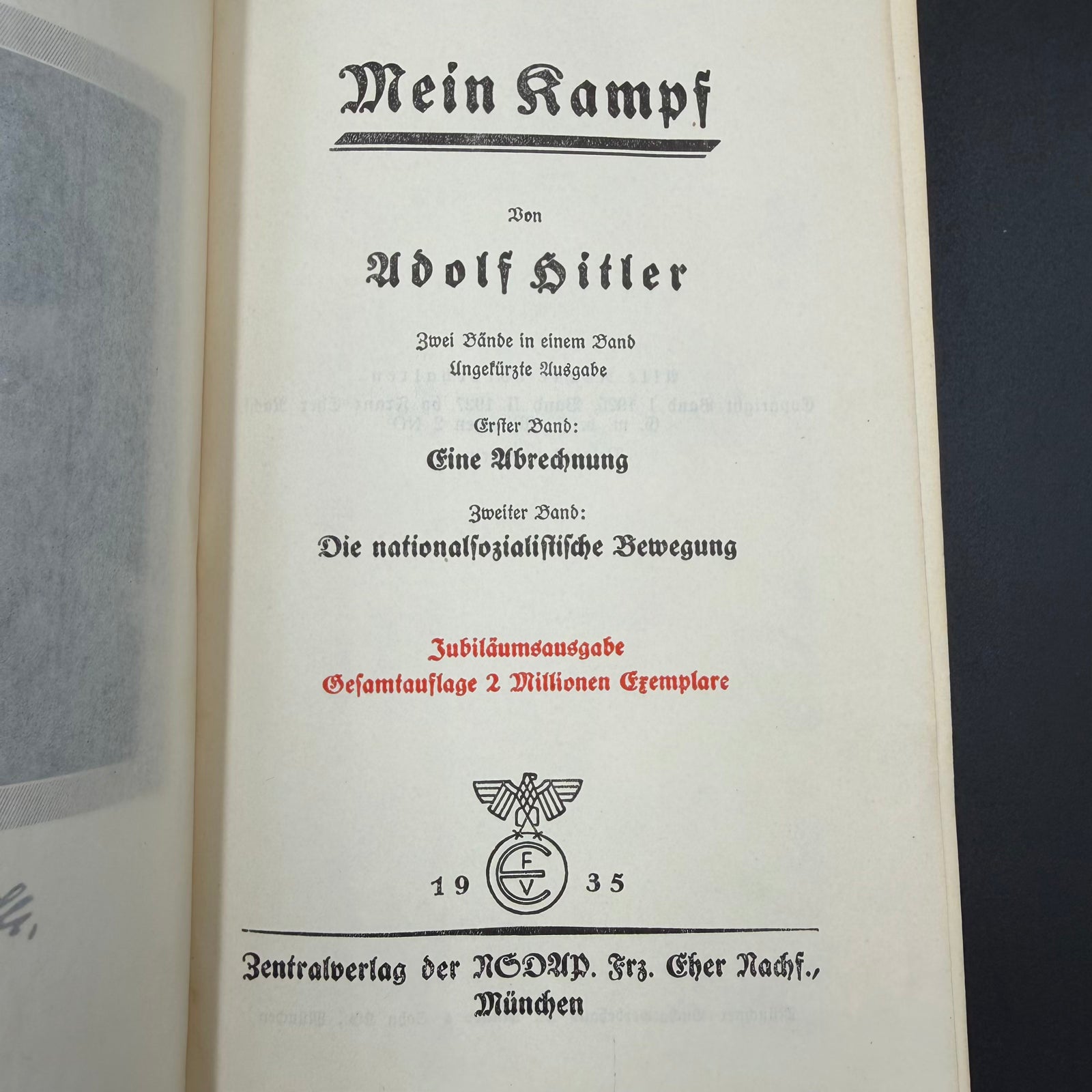 Close-up of 1935 Mein Kampf title page showing unabridged two-volume edition