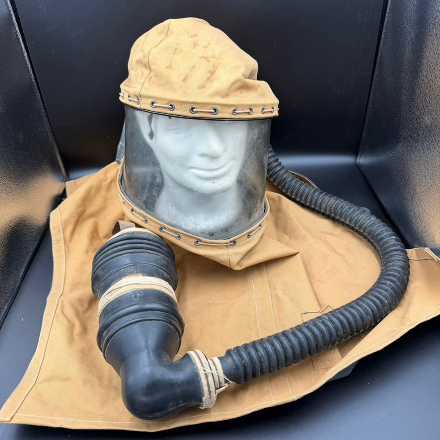 WWII British Hospital Respirator gas mask dated 1943 with protective hood and breathing hose, complete set for bed-ridden patients
