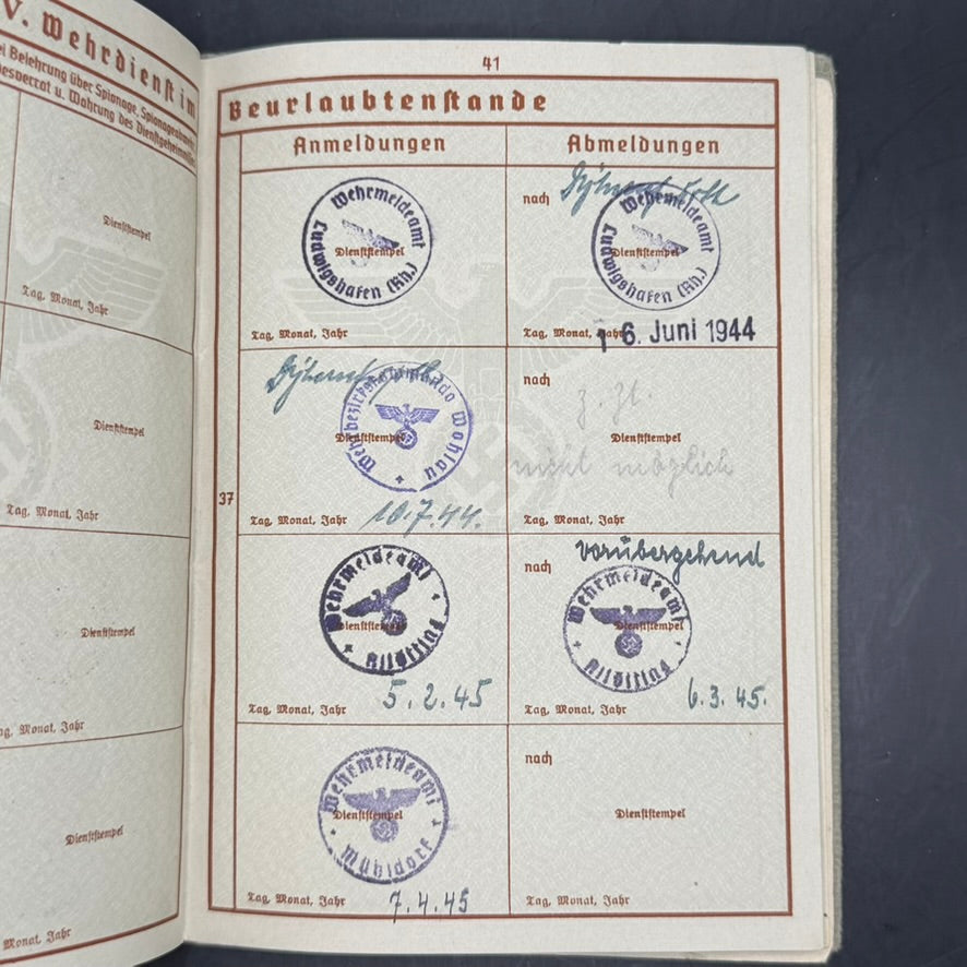 Wehrpass leave and registration stamps Friedrich Heck 1944–1945