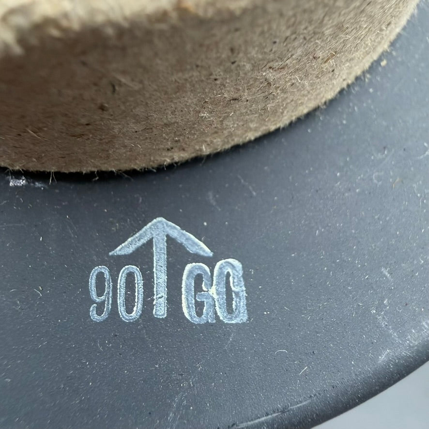 Close-up of gas mask filter base marked 90↑GO