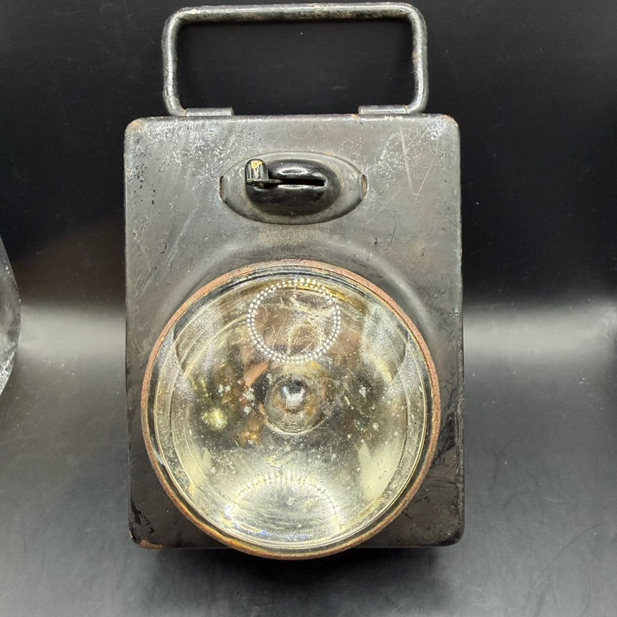 Rare WWII German service hand lamp with steel housing and large domed glass lens