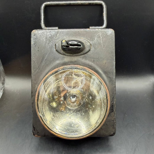 Rare WWII German service hand lamp with steel housing and large domed glass lens