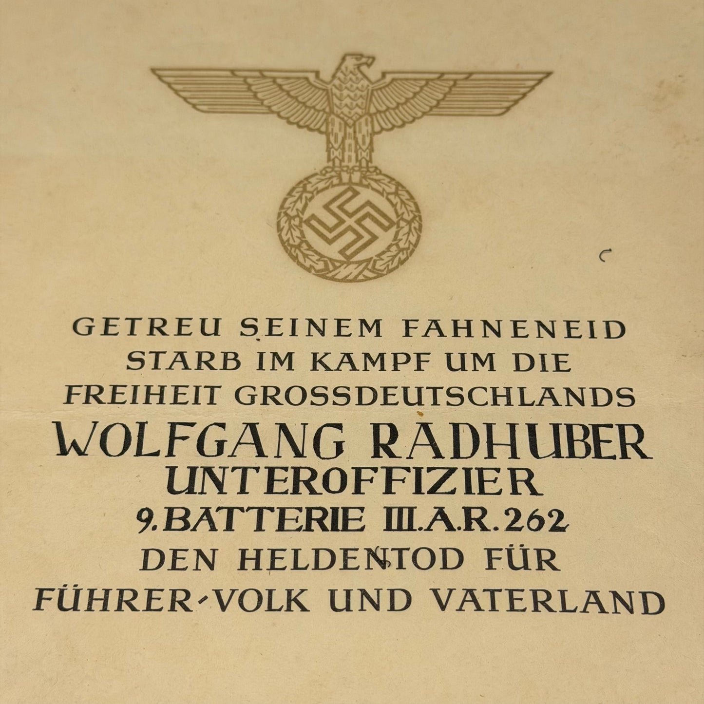 Close-up of printed text on WWII German death certificate for fallen artillery soldier