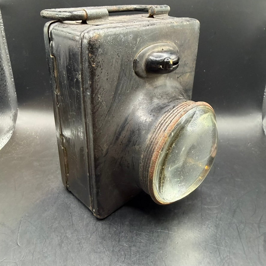 Side view of original WWII German steel service lamp showing rectangular body