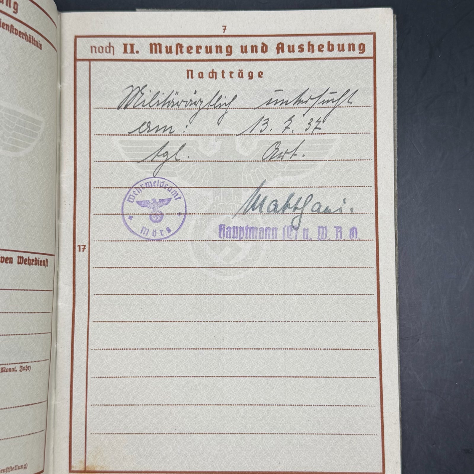 Landwehr I transfer entry dated 9 November 1937