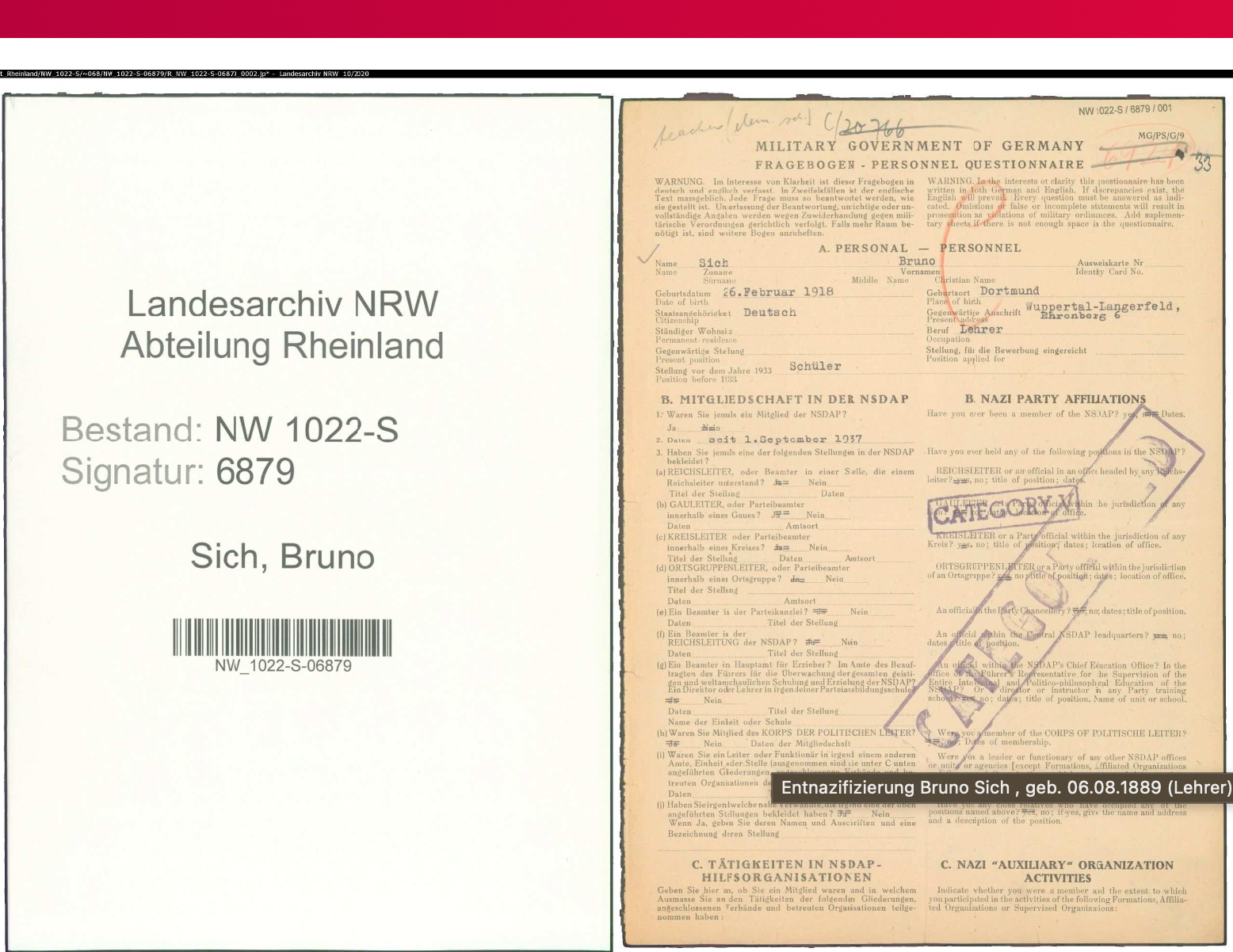 Allied denazification (Entnazifizierung) process