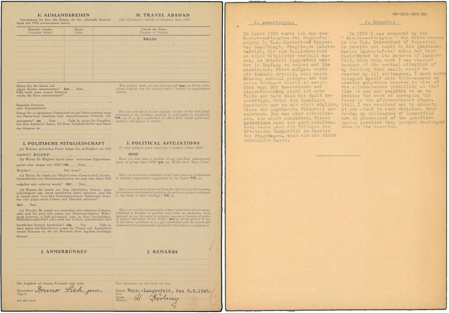 Allied denazification (Entnazifizierung) process Bruno Sich