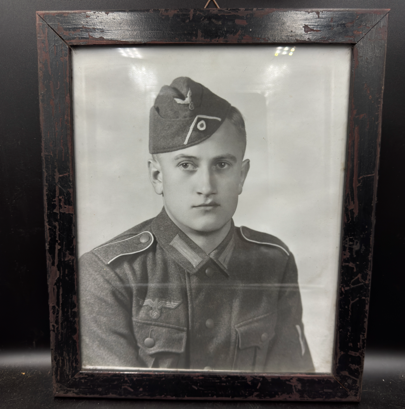 WW2 original artifact – Original Wooden Photo Frame with German Soldier Photograph – AxisArtifacts