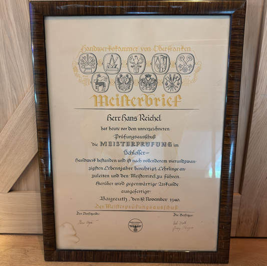 WW2 original artifact – Unique Framed Meisterbrief for a Locksmith – Bayreuth, 1940 – AxisArtifacts