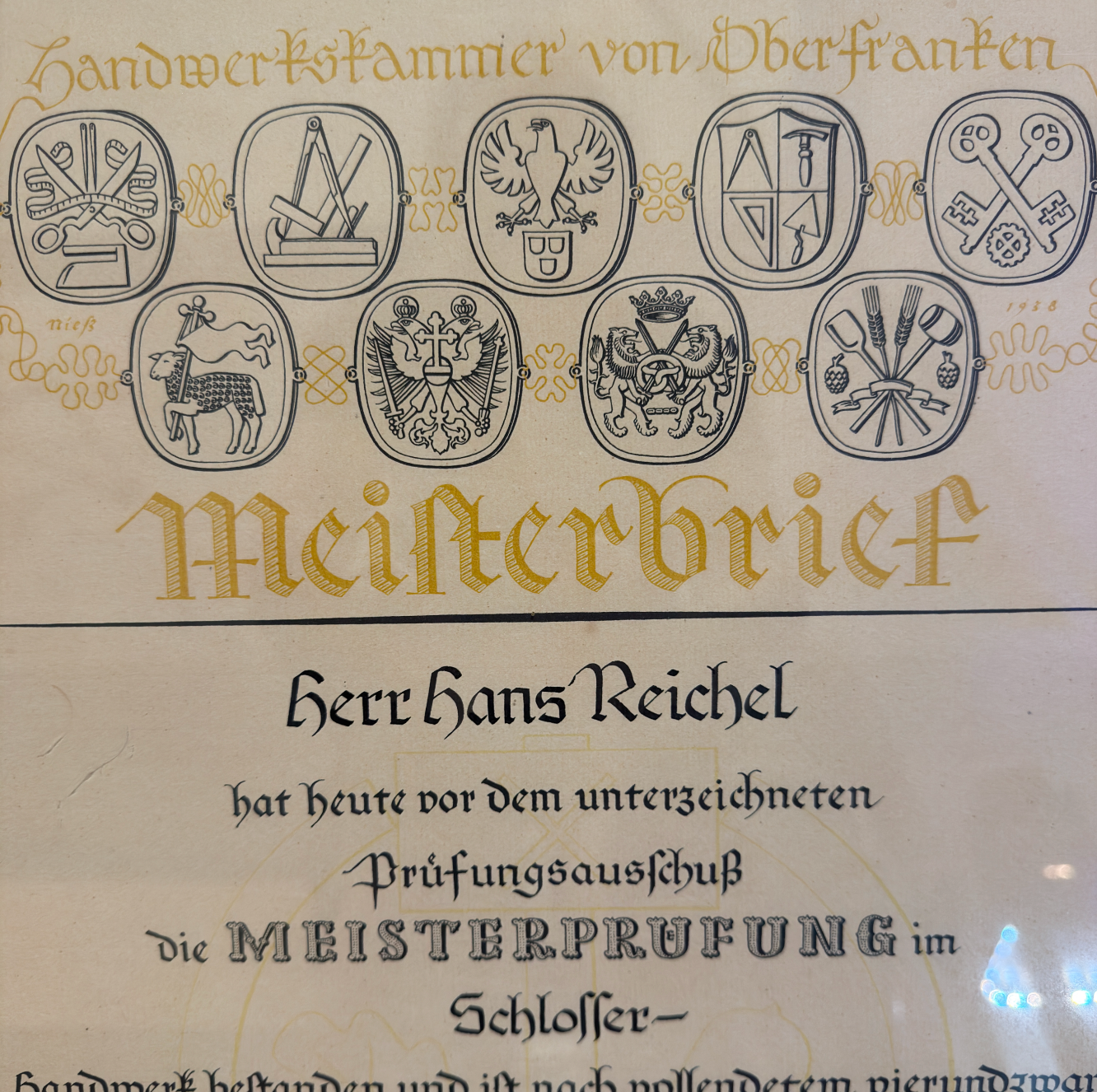 WW2 original artifact – Unique Framed Meisterbrief for a Locksmith – Bayreuth, 1940 – interior page