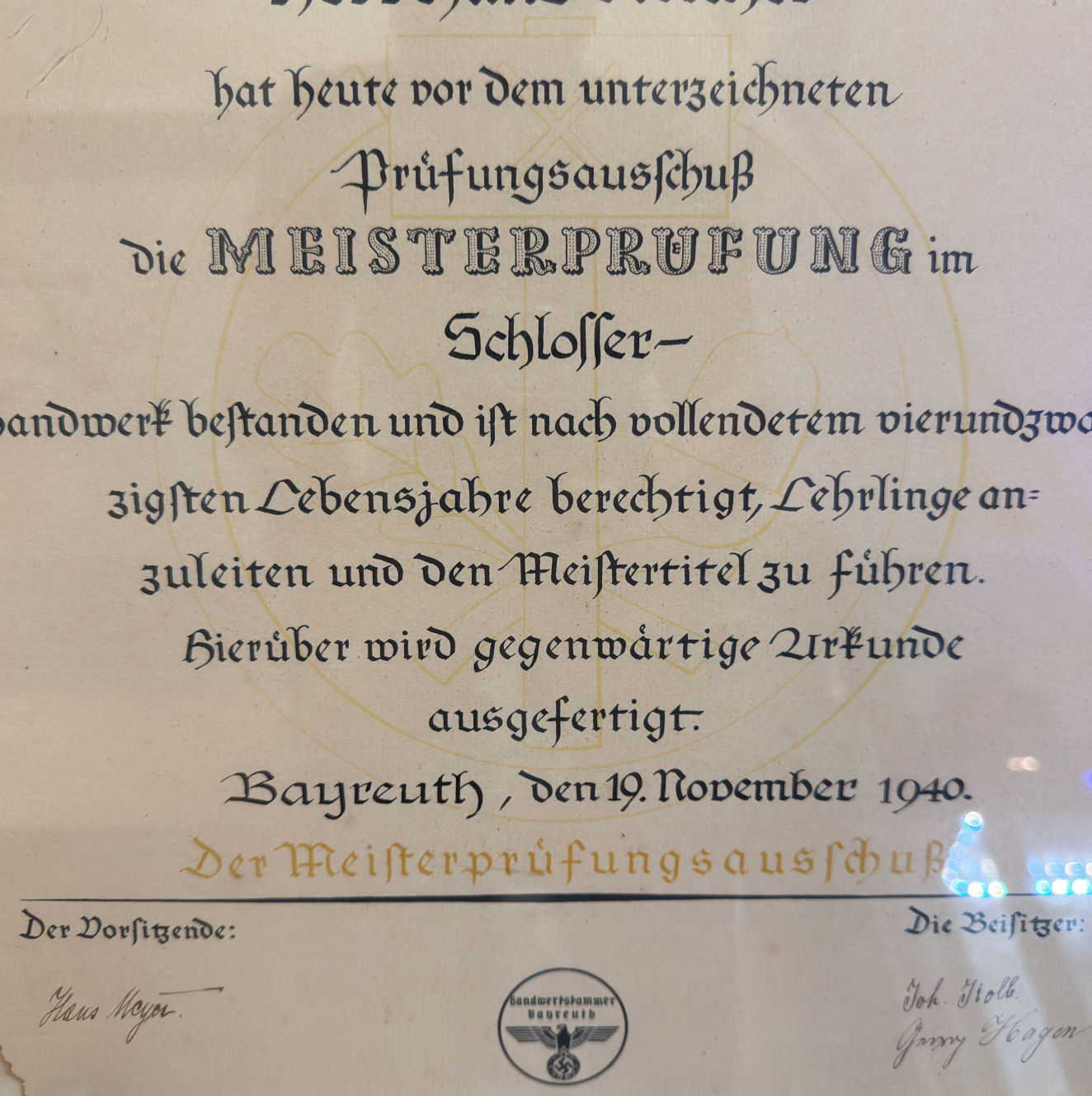 WW2 original artifact – Unique Framed Meisterbrief for a Locksmith – Bayreuth, 1940 – interior page